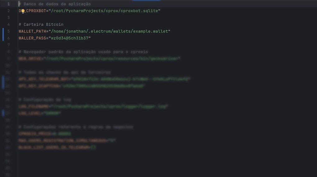 Arquivo de configuração do projeto mostrando os valores para variáves de conexão com banco de dados e caminho da wallet do Electrum